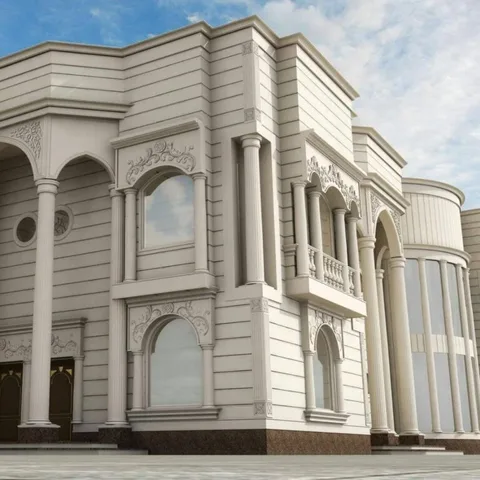 تصميم واجهة فيلا كلاسيكية بأعمدة وزخارف حجرية