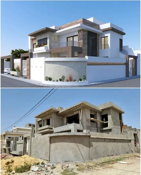 واجهة فيلا قبل التشطيب وبعده بتصميم حديث